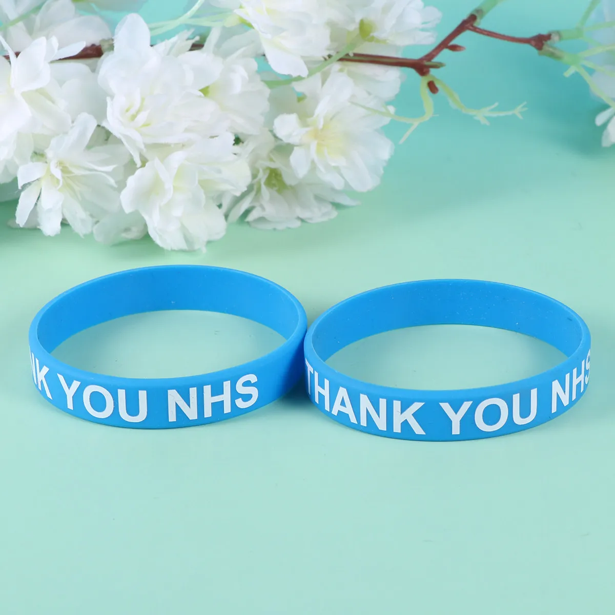 

2Pcs Thank You Wrist Straps Silicone Sky Blue Decorative Soft Comfortable Long-Lasting Clear Printing Wristbands
