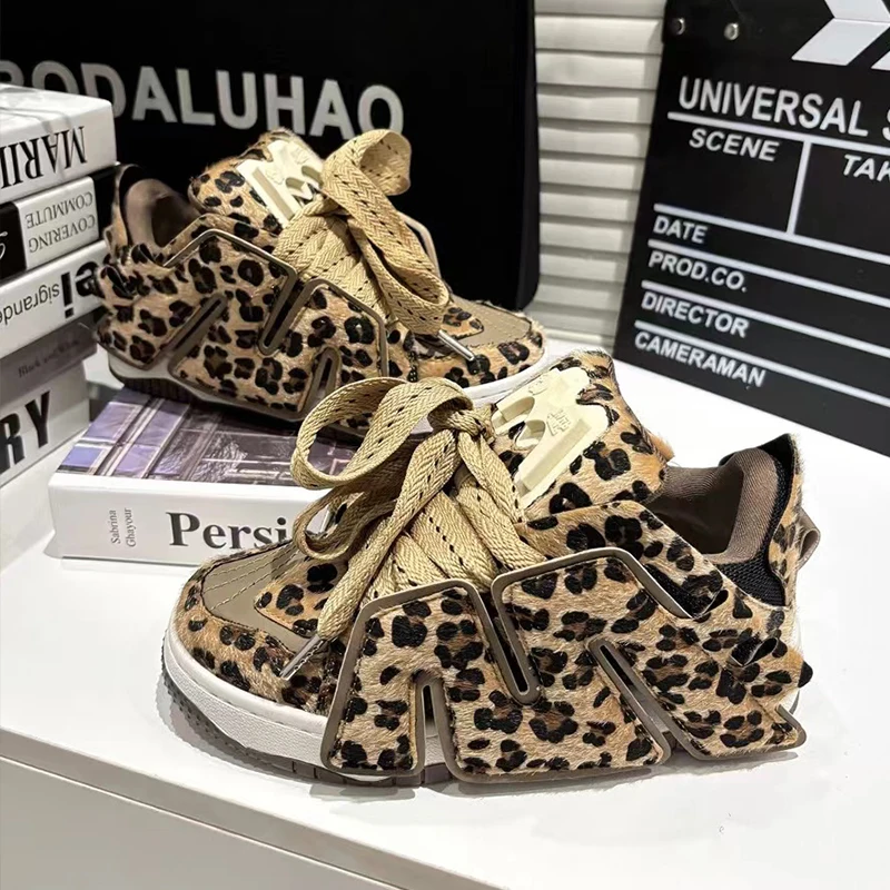 2024 Winter New Genuine leather leopard Women’s shoes Original luxury Fur Female Sneakers Fashion Comfort Walking shoes Travel