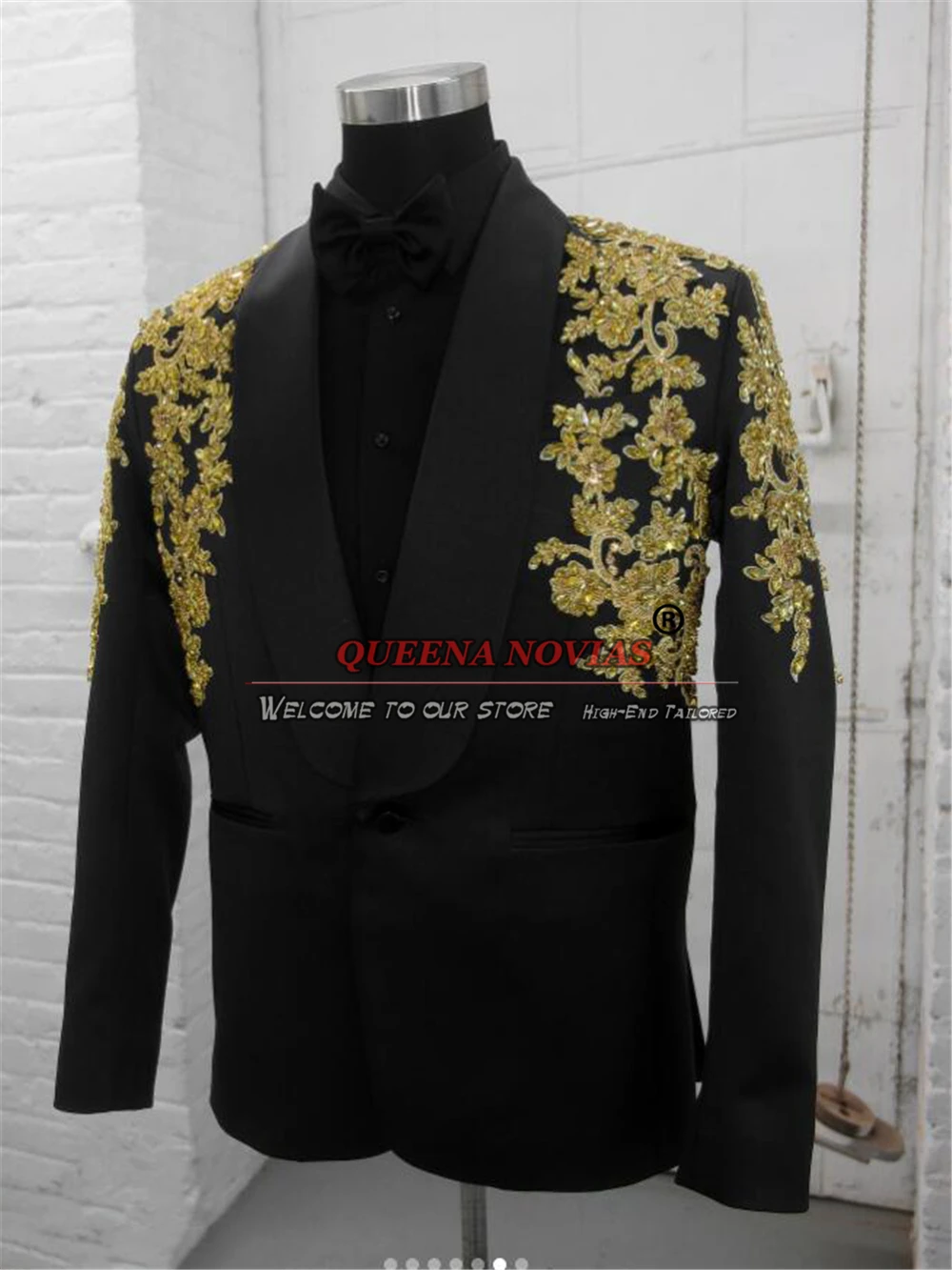 Nero sposo abiti da sposa Slim Fit oro Applique giacca pantaloni 2 pezzi smoking formali cena sera festa Blazer su misura