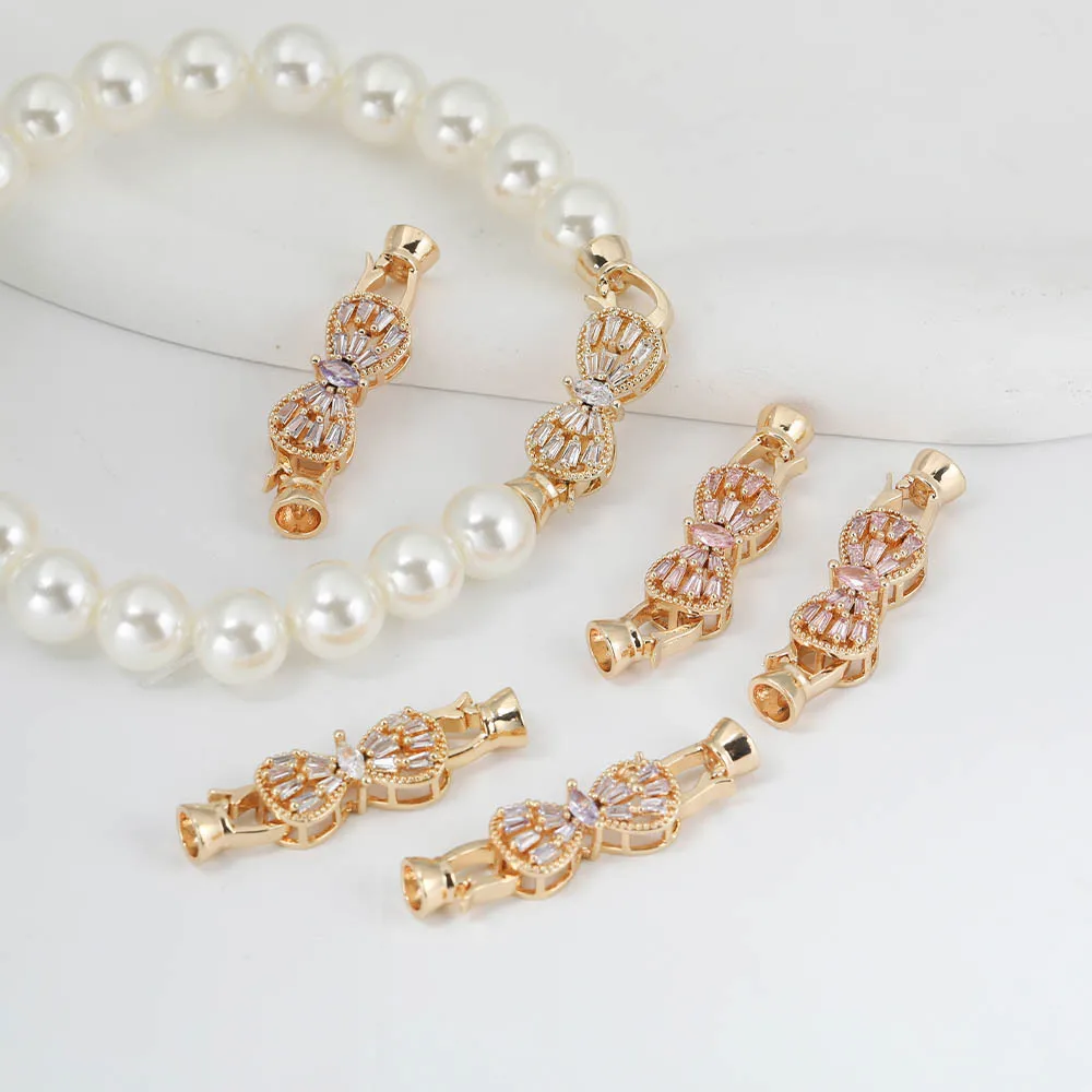 

1 Piece Copper Gold-plated Inlaid Zircon Bow Jewelry Making Connection Buckle DIY Pearl Necklace Bracelet Accessories Wholesale
