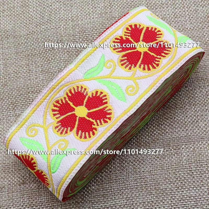 7 Yards 5cm Jacquard Ribbon Flowerd Pattern Ethnic Lace Trim Embroidered Woven Webbing Tape For Clothing Bag Sewing Fabric