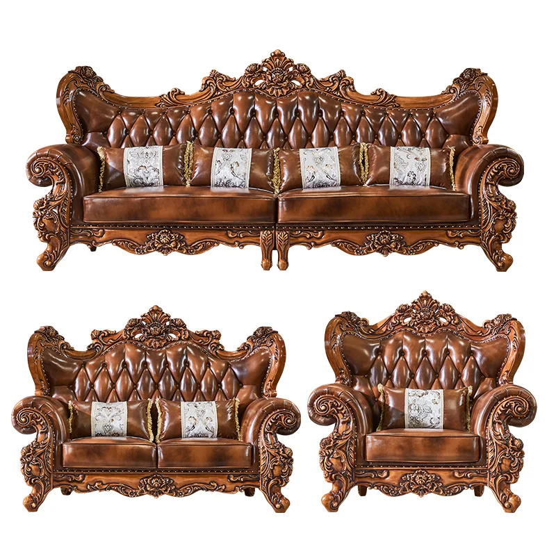 European-style genuine leather solid wood carved sofa combination vintage villa luxury high-end dark living room furniture