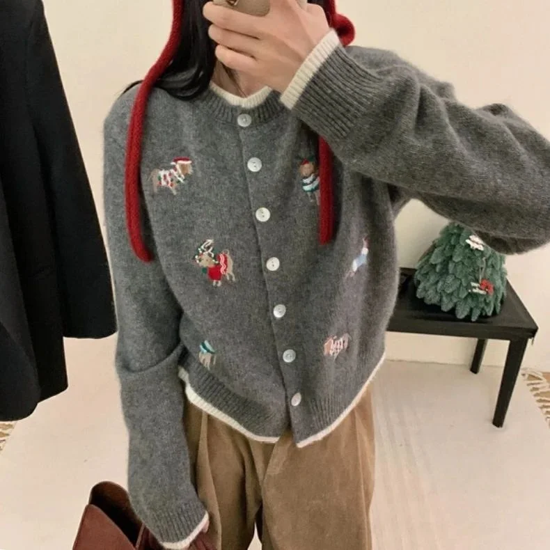 

Вязаный кардиган большого размера с вышивкой, унисекс, весна-осень, в корейском стиле, модный, крутой дизайн