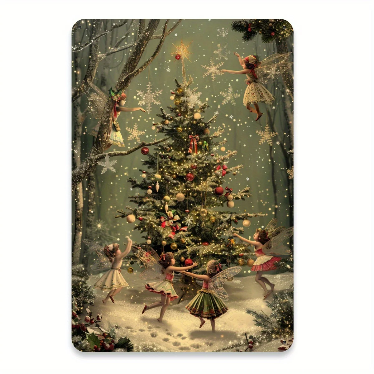 Vintage Tin Sign Featuring Christmas Elves And a Christmas Tree - a Perfect Choice for Festive Decor - Durable 8X12 Inch Wall Ar