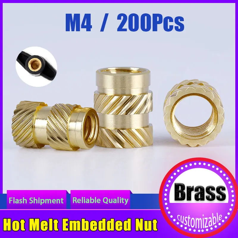 

200Pcs M4 SL-type Double Twill Knurled Brass Injection Nut Brass Hot Melt Inset Nuts Heating Molding Copper Thread Inserts Nut