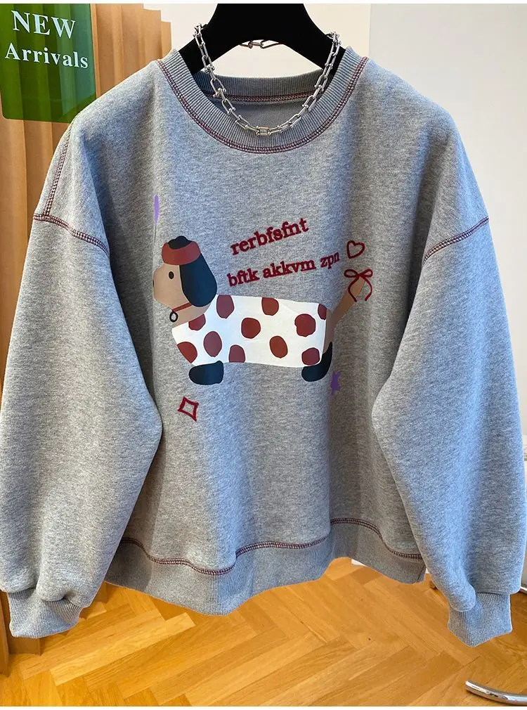 Thick Cartoon Hoodie for Women 2024 Winter Round Neck Korean Version Loose Sausage Dog Sheep Camel Velvet Top Women's Hoodie