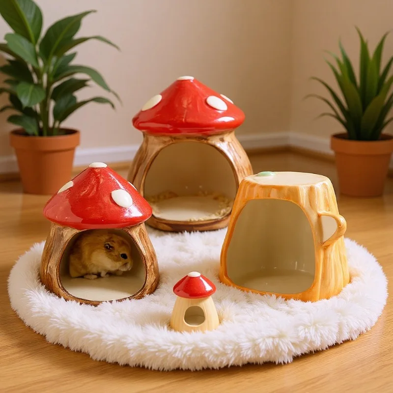 Casa de Cerámica con Forma de Hongo para Mascotas, Nido para Dormir para Animales Pequeños, Mueble de Jaula para Hámsters y Osos Dorados, Completo y Pequeño
