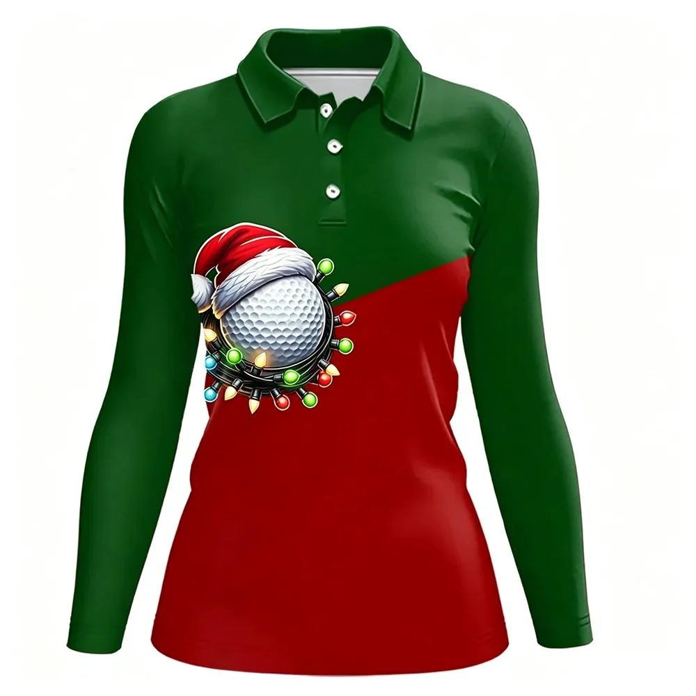 Women's Autumn Party Streetwear Christmas Holly Pattern Long-Sleeved Polo Shirt Holiday Print Casual T-Shirt Holiday Fashion Top