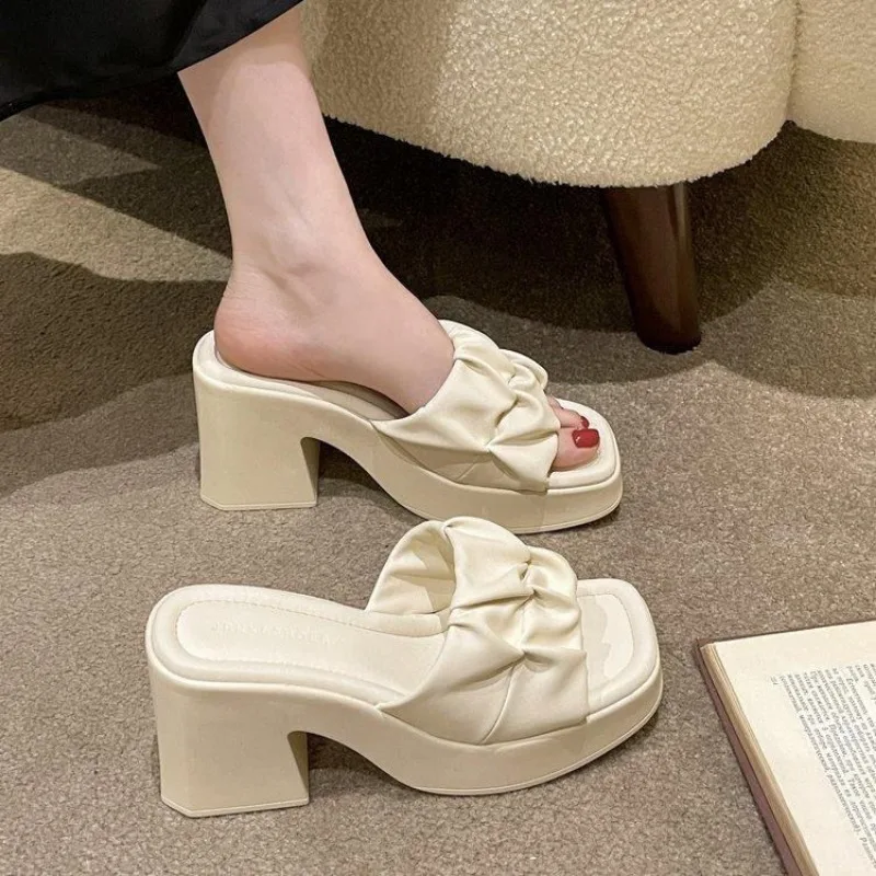 Summer High-heeled Casual Women Fish Mouth Shoes Ladies Shoes on Sale 2024 Fashion New Square Toe Anti-wrinkle Women's Slippers image 3