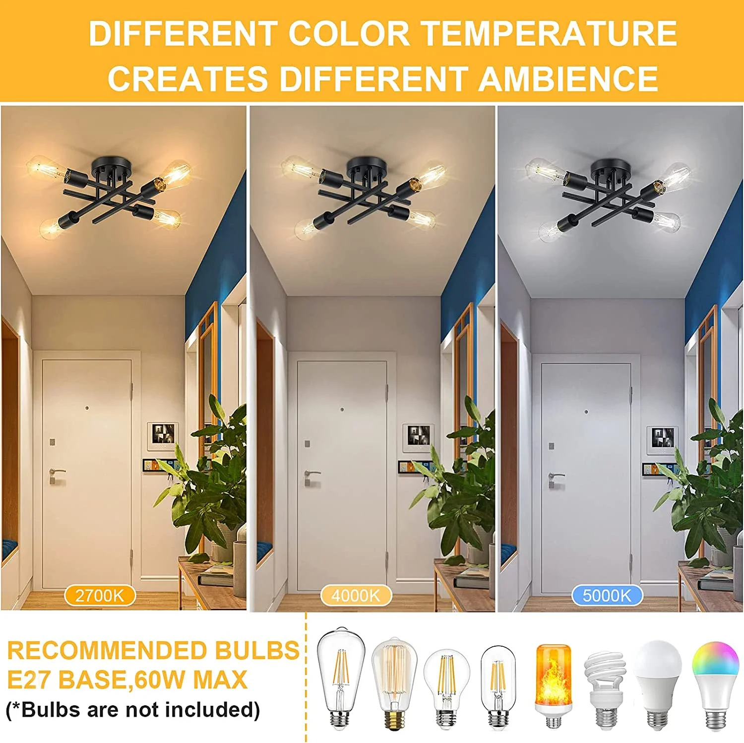 Lampu Langit-langit 4 Lampu Semi Flush Mount Lampu Langit-langit Lampu Langit-langit Lampu Sputnik untuk Dapur Ruang Keluarga Kamar Mandi