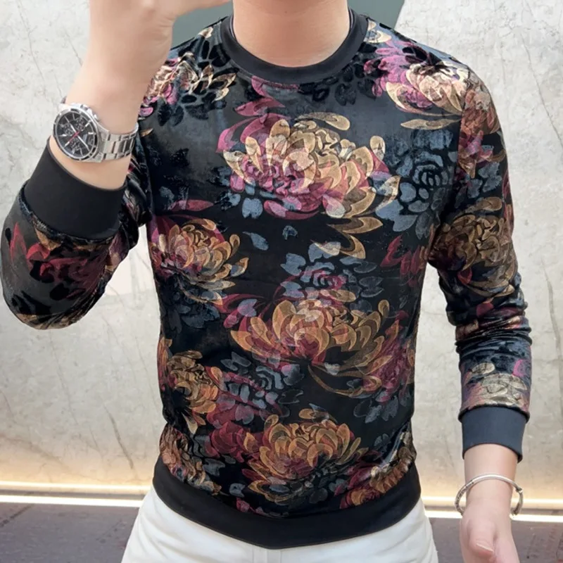 2025 Autumn European Streetwear Version Men's Velvet Australian Velvet Gold Round Neck Vetement Homme Sweatshirt Tee Shirt Homme