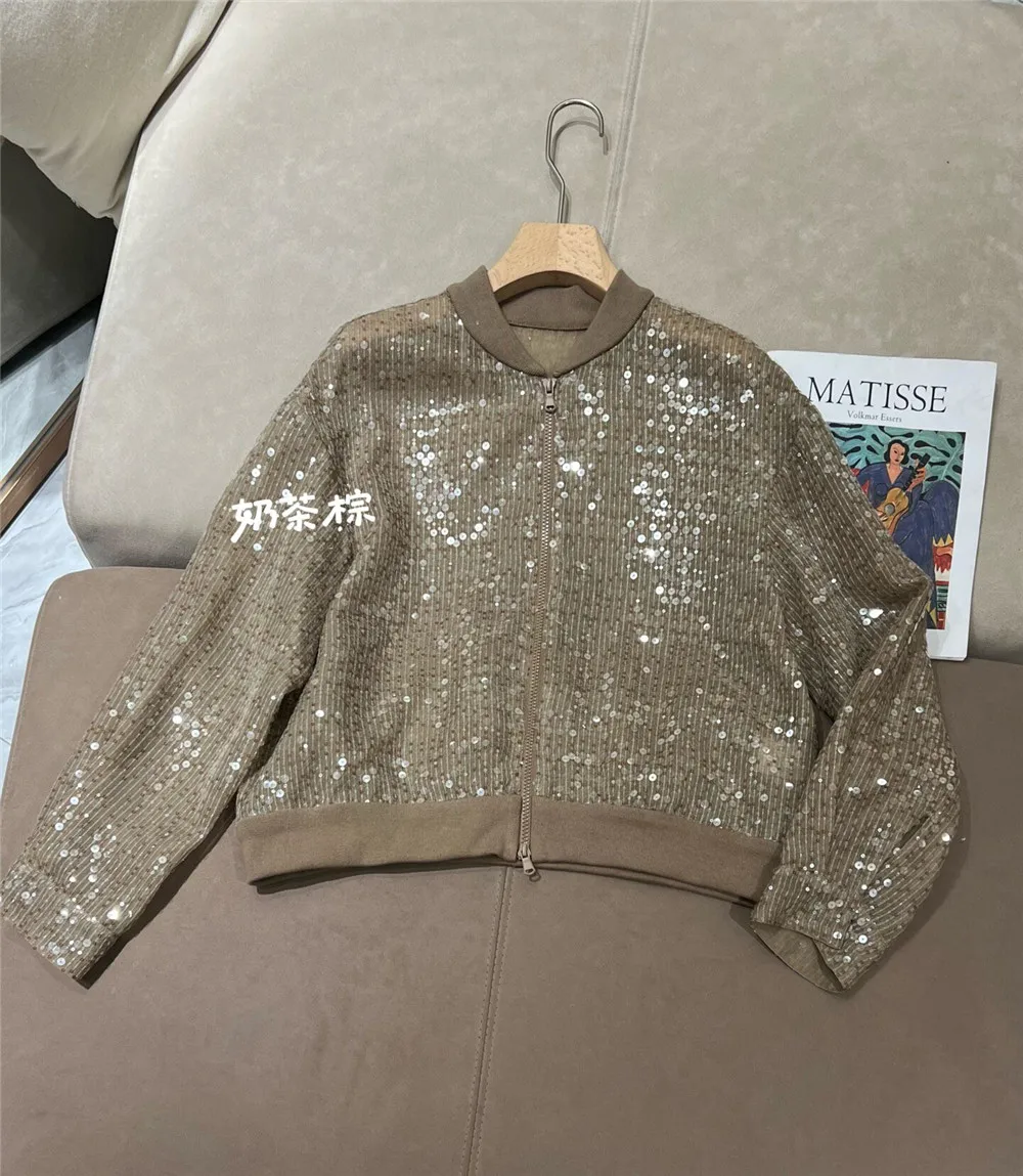 

Women's Heavy V-Neck Sequined Silk Baseball Jacket and Fashion Long-Sleeved Cardigan Top Flight Coat