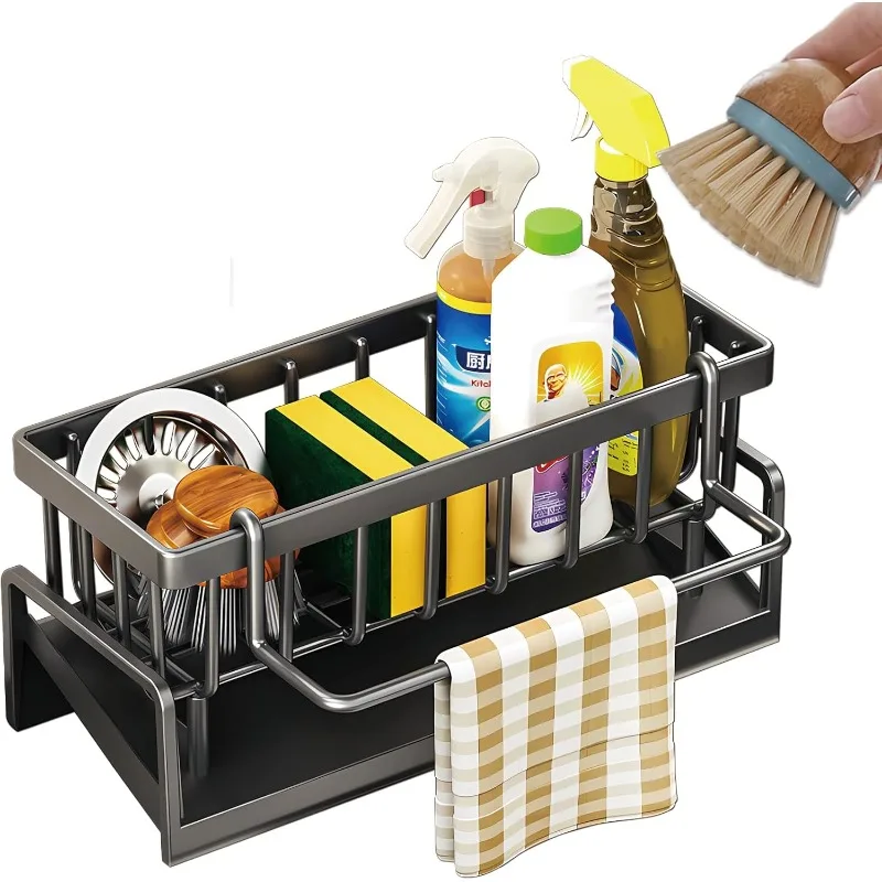 Carbon Steel Compact Tap-Mounted Spice Shelf Sink Organizer with Drainage Rack Space-Saving Kitchen Storage Utensils Accessories