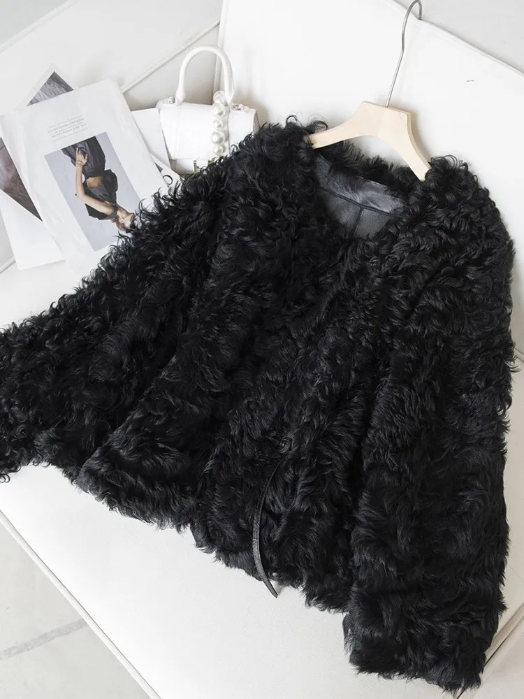 Chaqueta Vintage de invierno con una hilera de botones y cuello redondo para mujer, abrigo de piel de oveja auténtica, abrigo cálido para fiesta, abrigo holgado negro de lana Natural