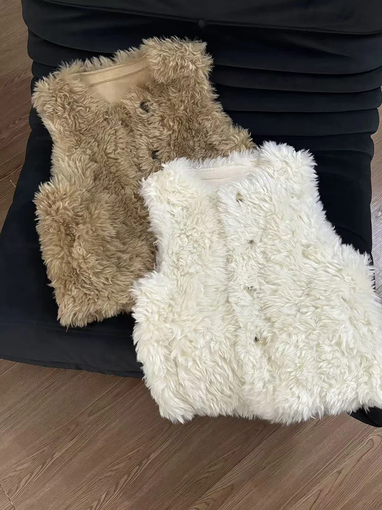 فو الصوف الفراء سترة المرأة Y2K الكورية فضفاضة س الرقبة كل مباراة شعر الفراء المحاصيل معاطف الإناث شتاء دافئ أكمام تانك ملابس خارجية جديد #5