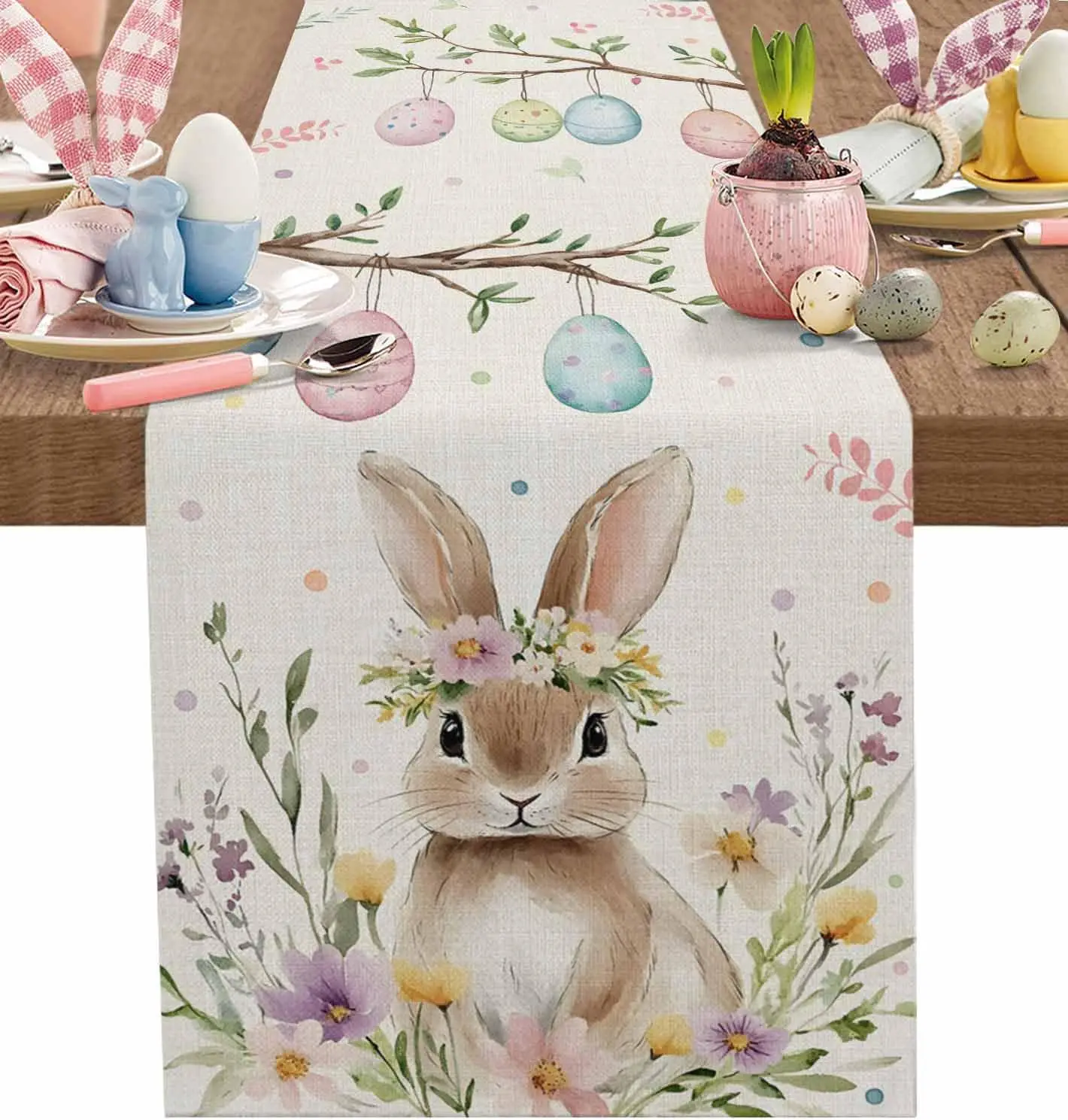 Spring Easter Bunny Eggs Flowers Linen Table Runner Holiday Party Decor Rustic Floral Botanical Table Runners Easter Decorations