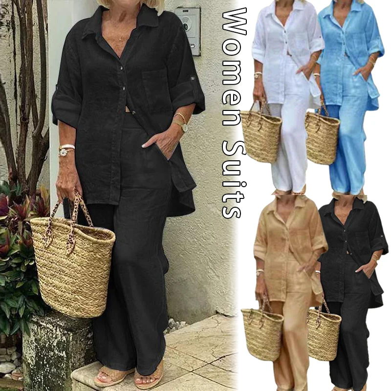 Camicia di lino da donna alla moda, completo di pantaloni, tuta da donna, abiti eleganti, colletto polo allentato casual, pantaloni a maniche lunghe, set da 2 pezzi