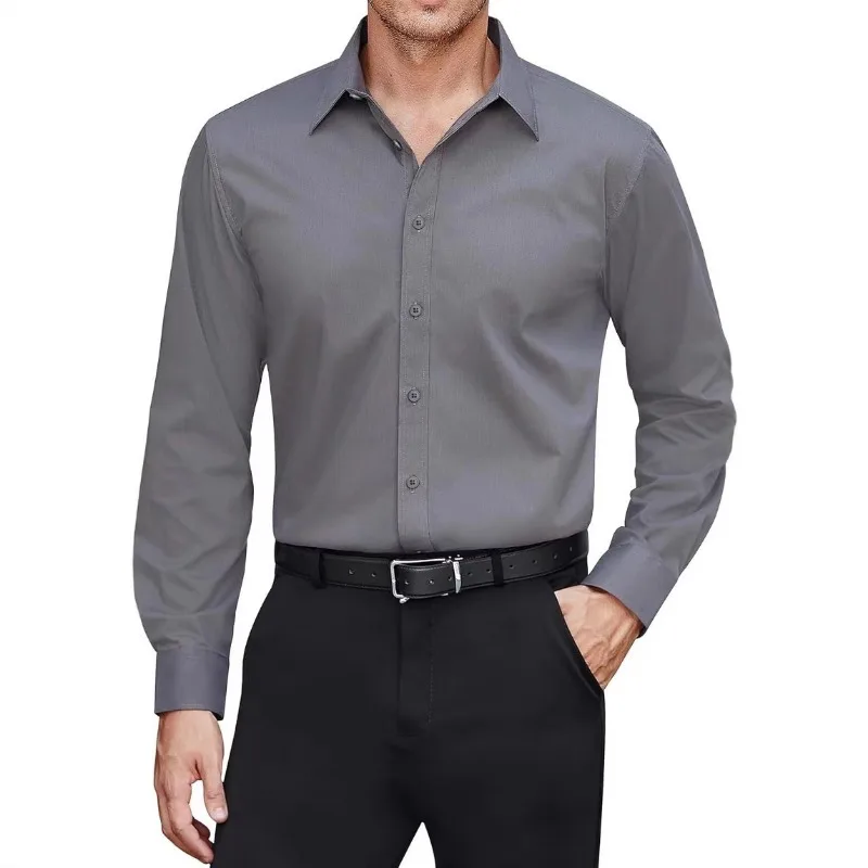 Men Solid Wrinkle Resistant Long Sleeve Dress Shirt Lapel Button Down Business Formal Casual Shirts Amazon Hot Sale Tops S-4XL