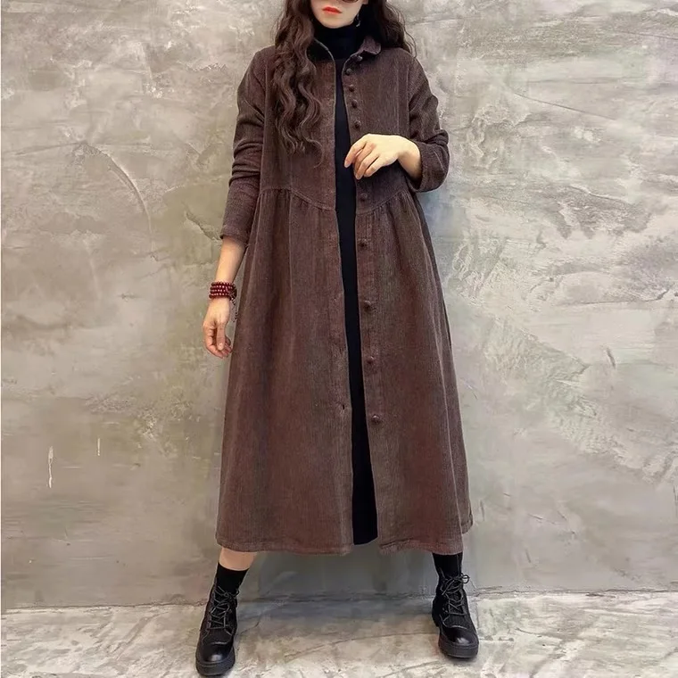 Retro Fleece Lined Corduroy Long Casual Coat Women's Winter Loose Fit Cotton Jacket Double Layer Collar Single Button Closure