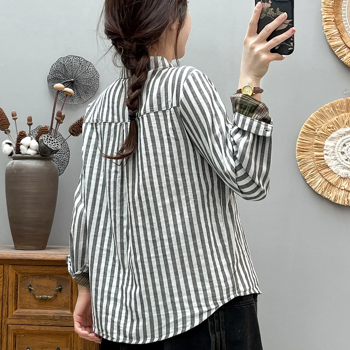 New Spring Cotton Yarn Casual Long Sleeve Shirt Women Lapel Striped Top Girl Loose Fashion Retro Blouses 2024 Summer T45856QM