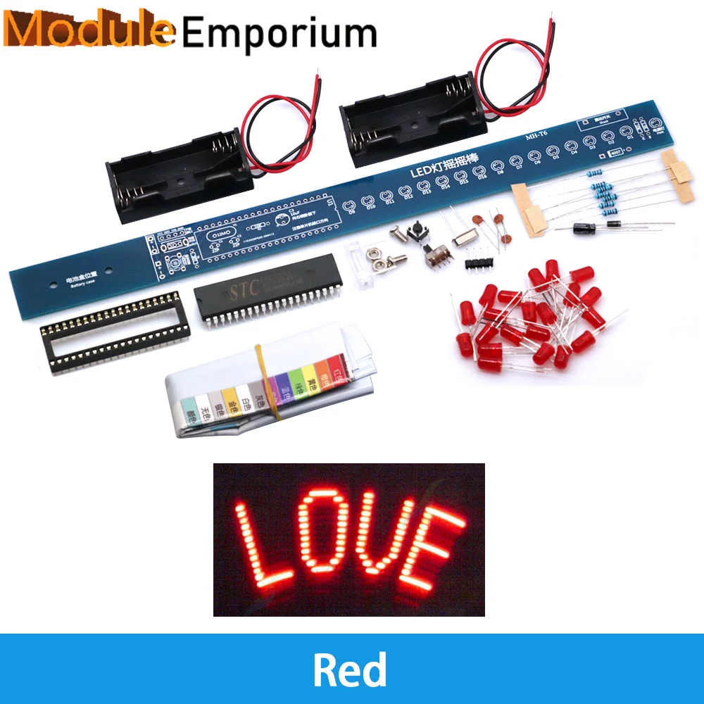 16 Bits POV LED Stick Light Rocker Diy Kit Shaking STC89C52 51 Microcontroller Electronic Solder Kits Blue/Red Display