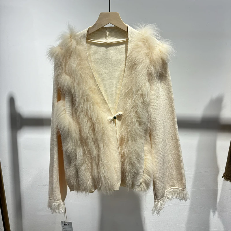 2025 Winter Women Coffee Real Fox Fur Sweater Natural Fur Spring Knitted Jacket Wear
