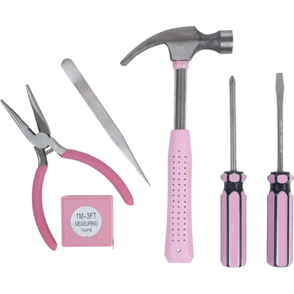 Household Hand Tools, Pink Tool Set - 7 Piece by Stalwart, Set Includes – Hammer, Screwdriver Set, Pliers (Repair Kit for the Ho