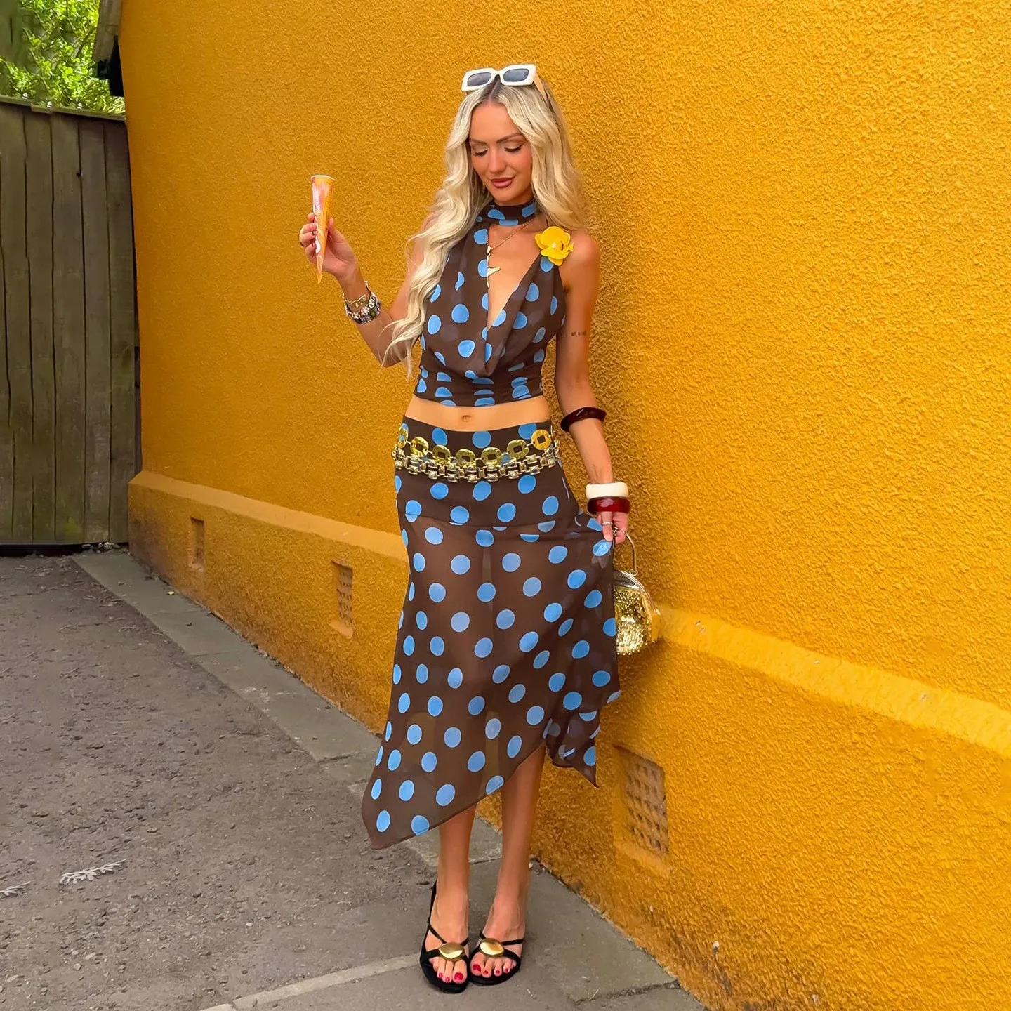 

2 Piece Set Off Shoulder Polka Dot Dress Women Sets Midi Skirt Sweet Maxi Dress Sheer Mesh Wrap Dress Blue And Brown V Neck