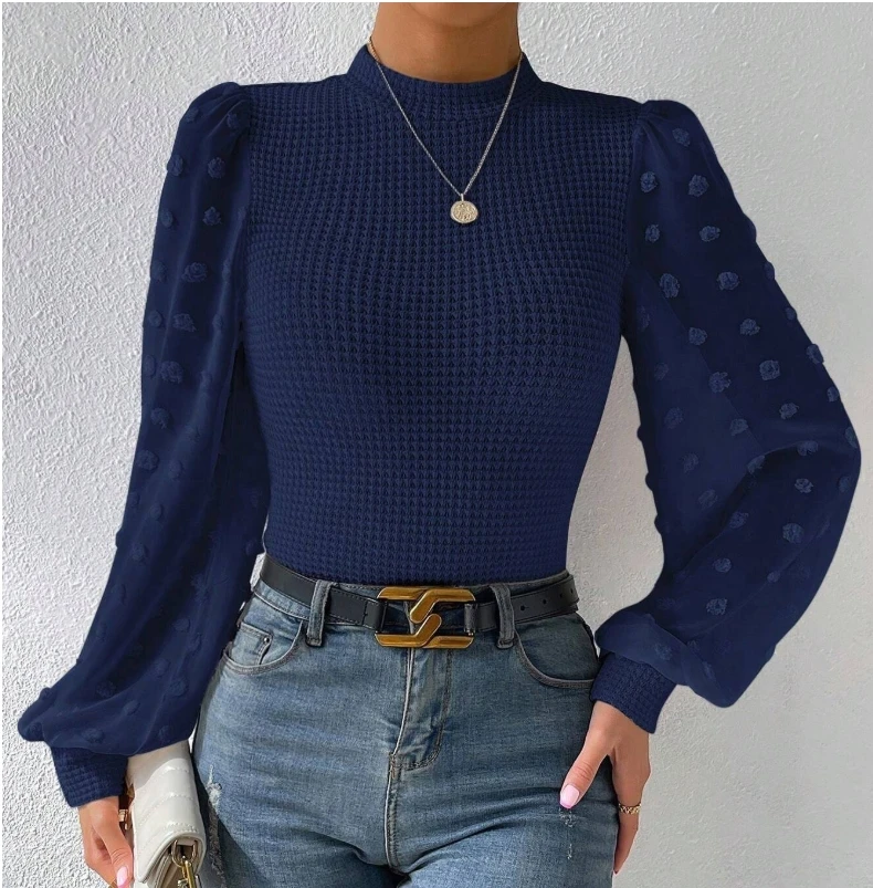 Sweet Style Women Pullover Shirts O-neck Patchwork Design Puff Sleeve Solid Office Lady Female Blouse Spring Summer 2024 New Top