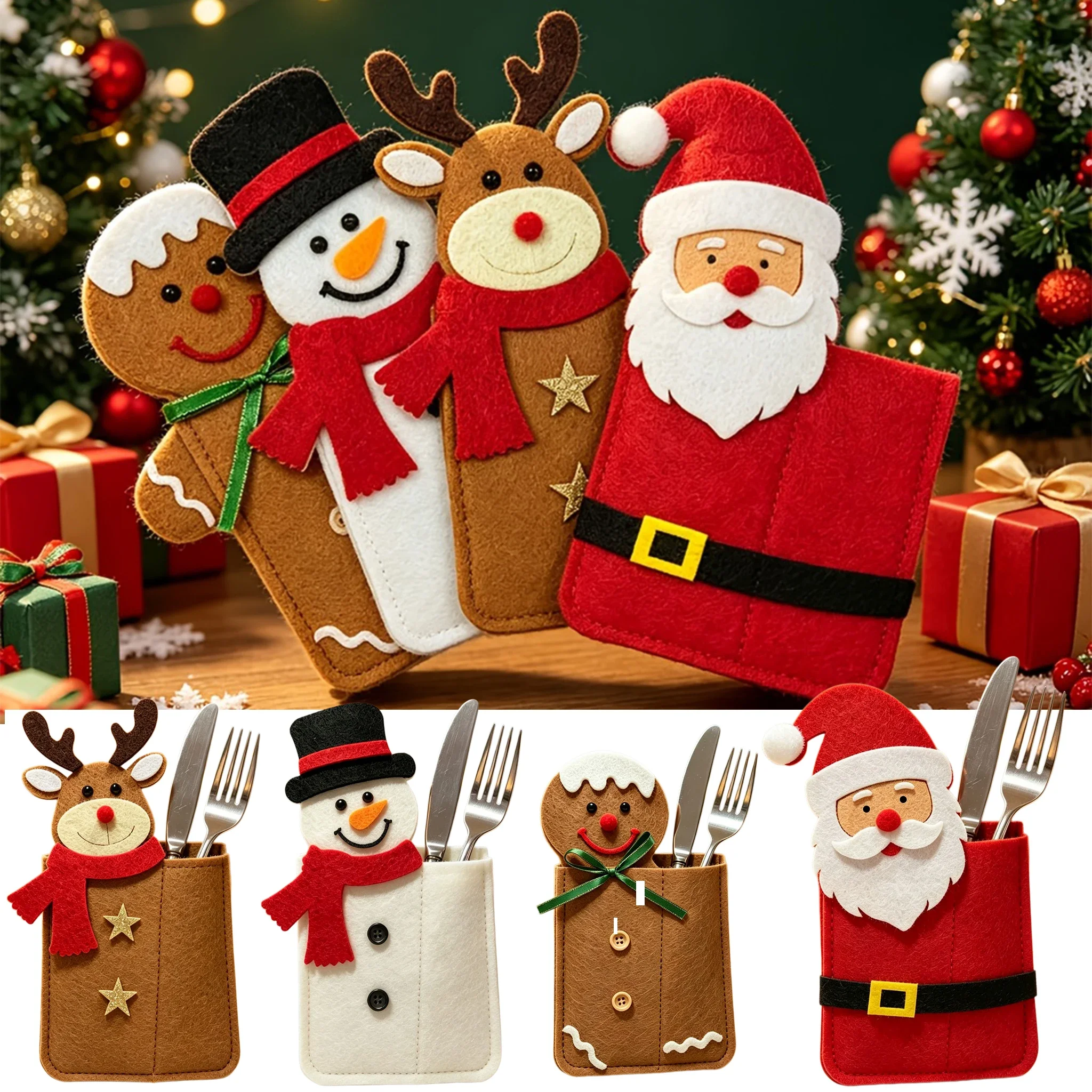 4Pcs Christmas Santa Claus Cutlery Bag, Cartoon Knife Fork Holder Pouch Xmas Table Decorative Tableware Sleeve for Holiday Party