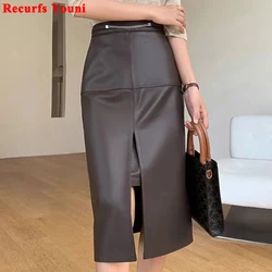 High End Women Genuine Leather Skirt With A Slit Design Chian Decoration One Step Wrapped Jupe Mujer Mid Length Deep Grey Faldas