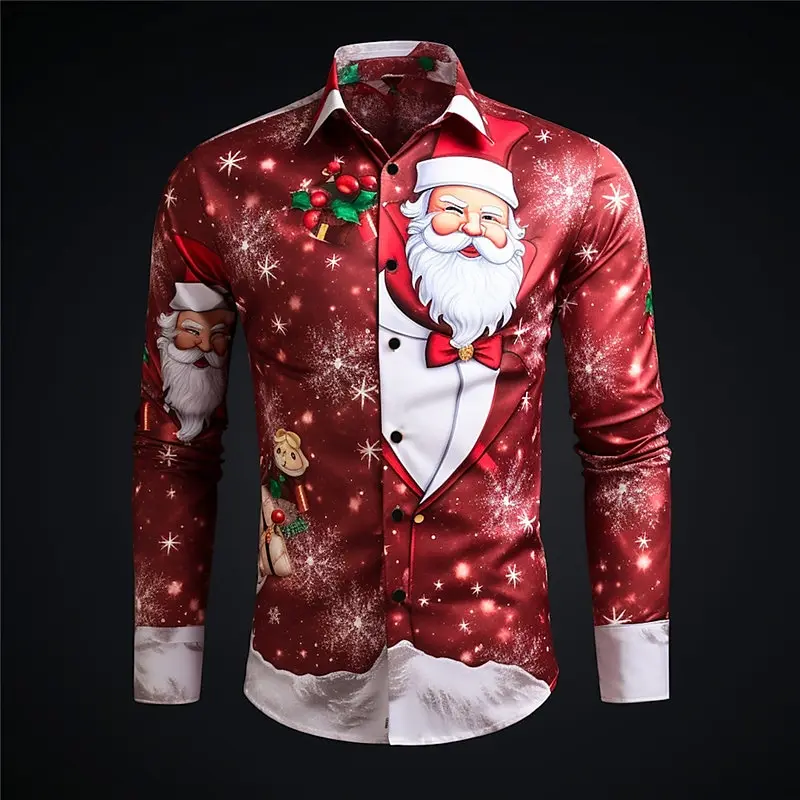 2025 Christmas Santa Claus&Snowman Print Shirts For Men Festival Casual Men\'s Shirt Autumn Long Sleeve Top Oversize Men Clothing