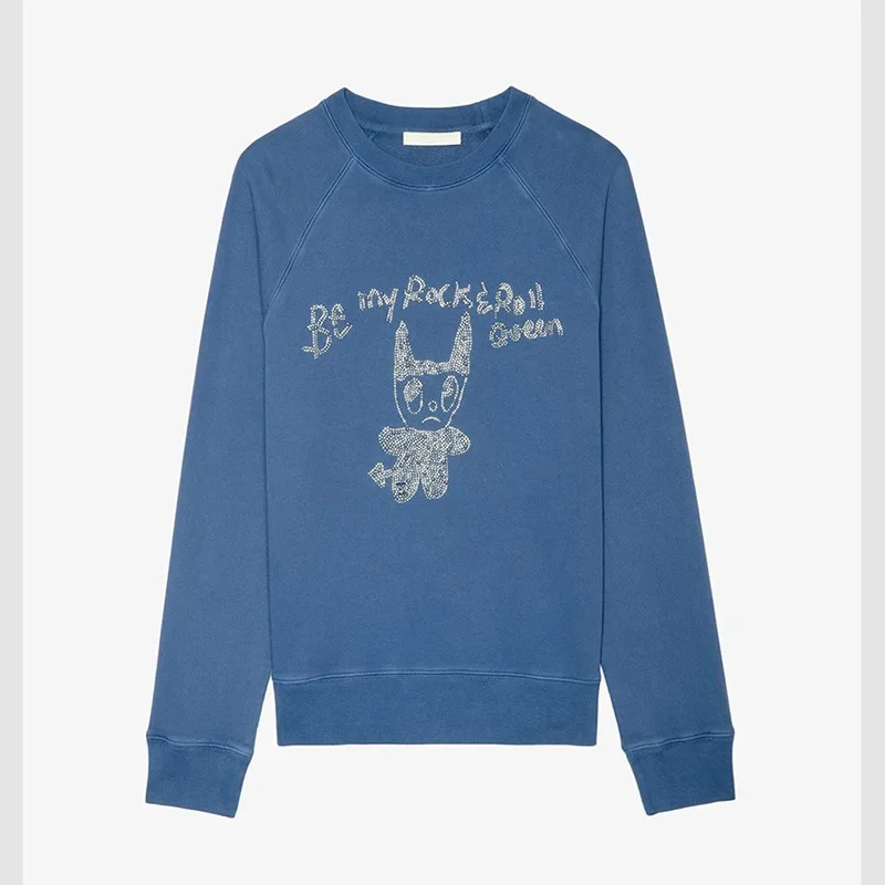 25 início do outono novo nicho francês pequeno diabo carta quente diamante clássico manga áspera azul camisola feminina