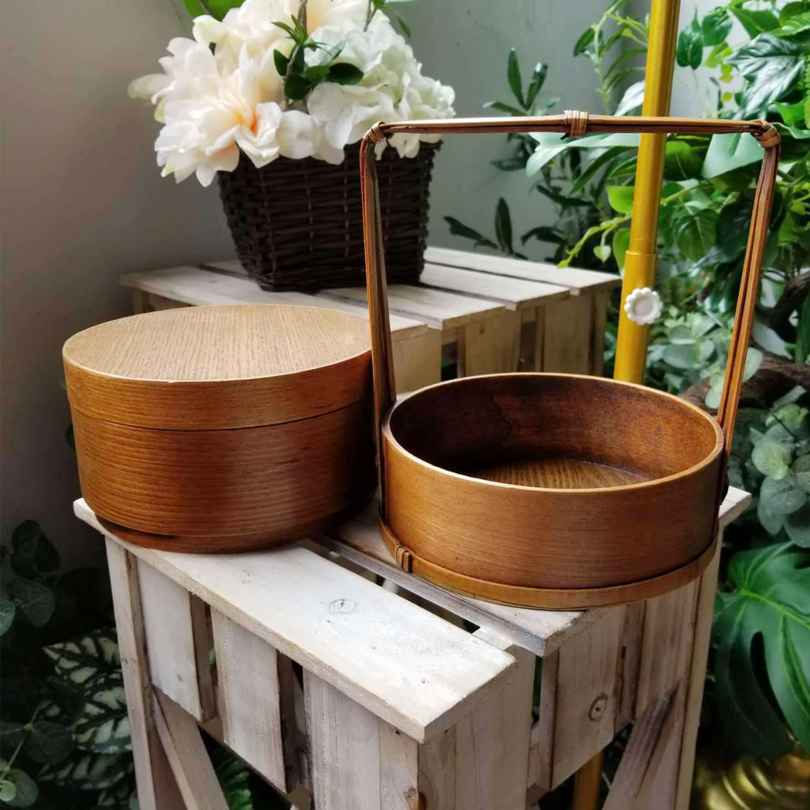 

1Pcs Retro Wooden Lunch Sushi Box Double Layer Portable Bento Food Container Lightweight Carry Handle Bento Box