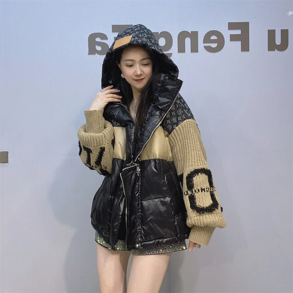 Colorblock Knitted Splicing Long Sleeve Women Down Coat 2024 New Winter Loose Hooded Parkas Trendy Warm White Duck Down Jacket