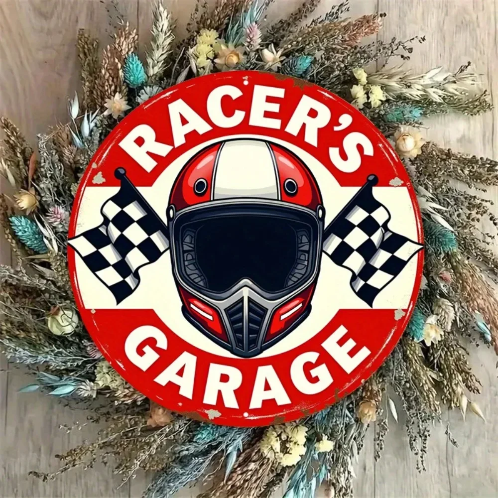 CIFBUY Vintage Racer's Garage Metal Sign, Retro Race Helmet & Checkered Flag, Red White Distressed Decor for Bar Cafe