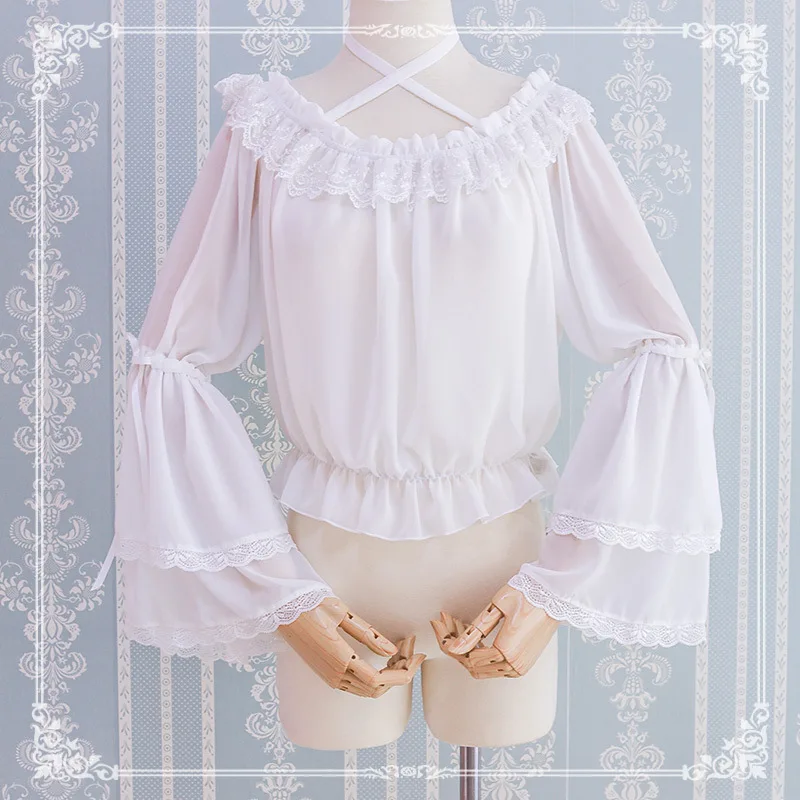 Lolita daily dress summer Chiffon sleeved blouse Lolita with cute one line neck hanging shirt