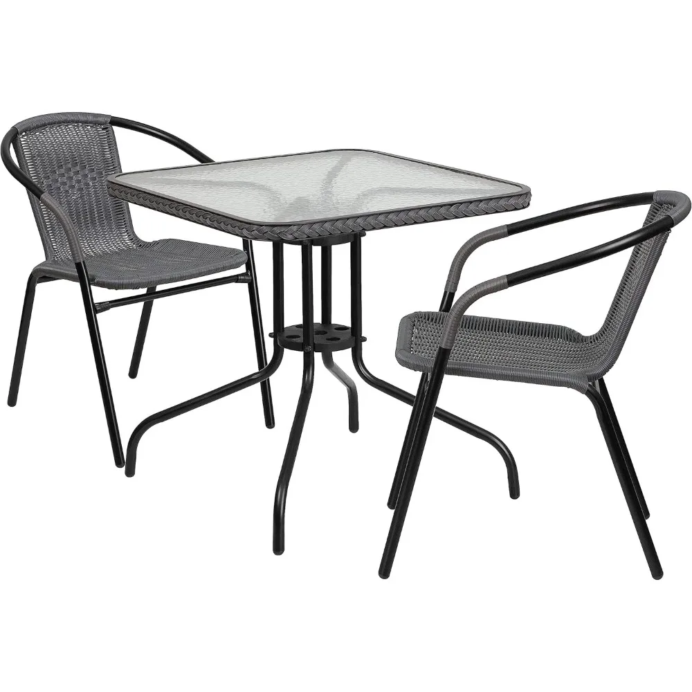 

Lila 28'' Square Glass Metal Table with Gray Rattan Edging and 2 Gray Rattan Stack Chairs