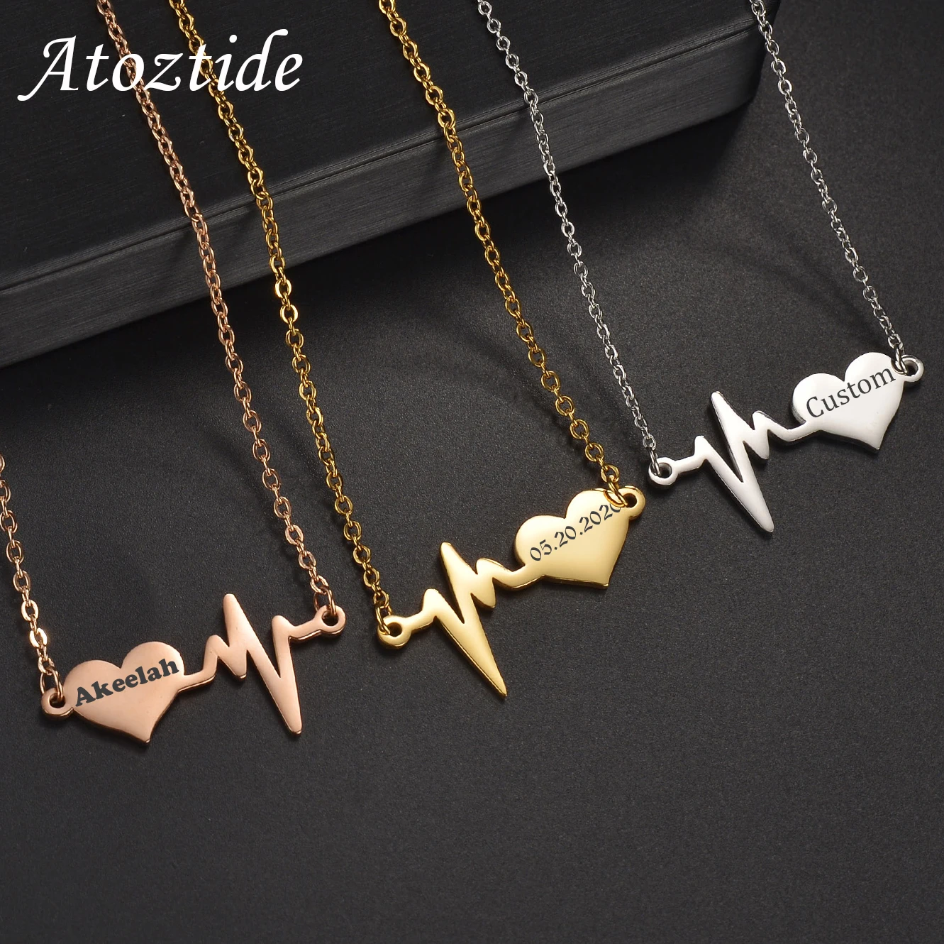 

Atoztide Personalized Heartbeat Engrave Name Date Necklace Stainless Steel for Women Link Chain Pendant Jewelry Gift