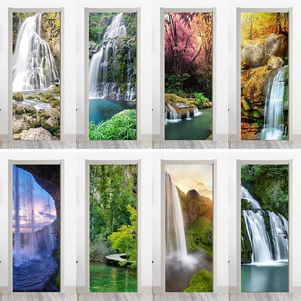 Natural Waterfall Forest Scenery Door Sticker Waterproof PVC Removable Landscape Wallpaper Home Room Door Decor
