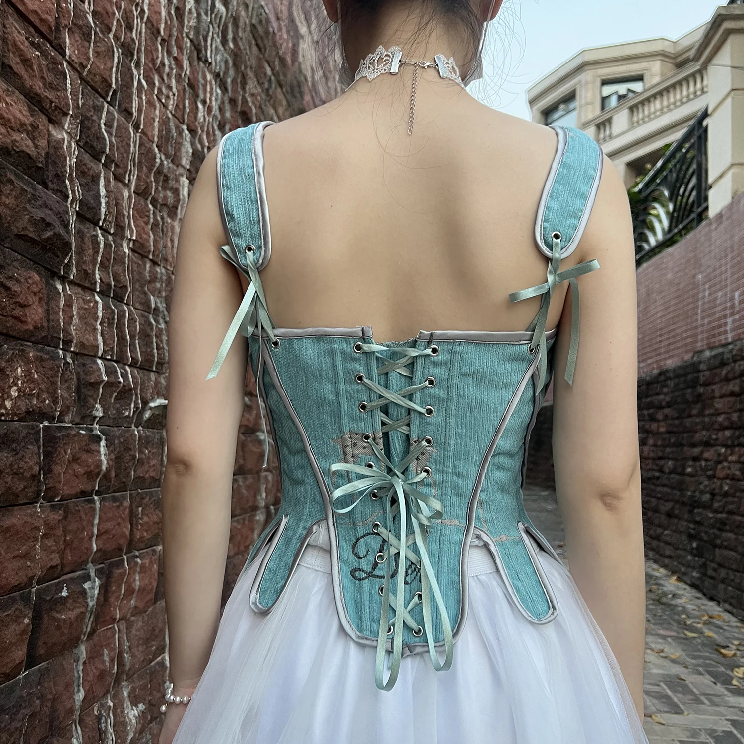 Silver Deer Print Embroidery Overbust Corset Top Cami Streetwear Blue Antique Corset Spring Autumn Winter Corset