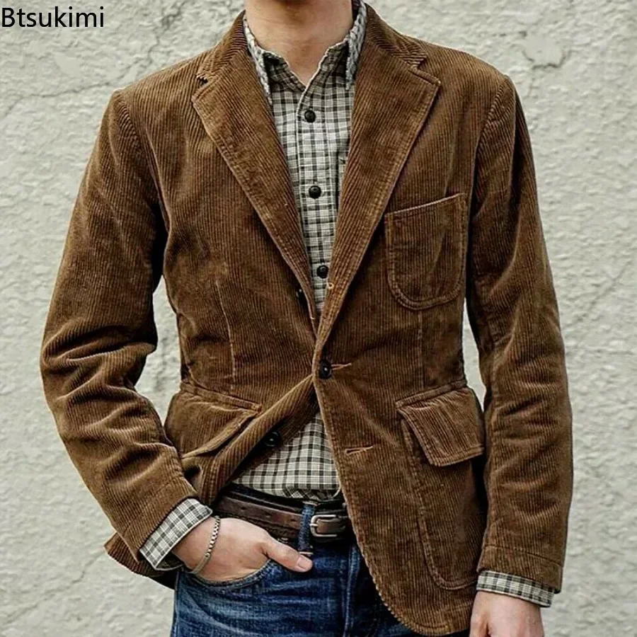 2024 Autumn Winter Men\'s Coat Jackets Corduroy Casual Suits With Shoulder Pads Fashion Lapel Long-Sleeved Solid Jacket Models