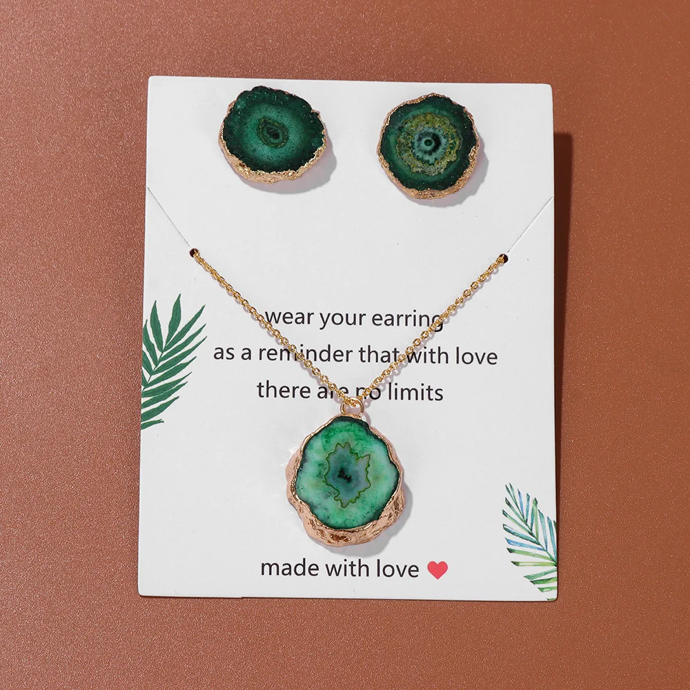 Natural Green Druzy Agates Cluster Pendant Necklace With Earrings Irregular Geode Rough Natural Stone Ear Studs Necklace Jewelry