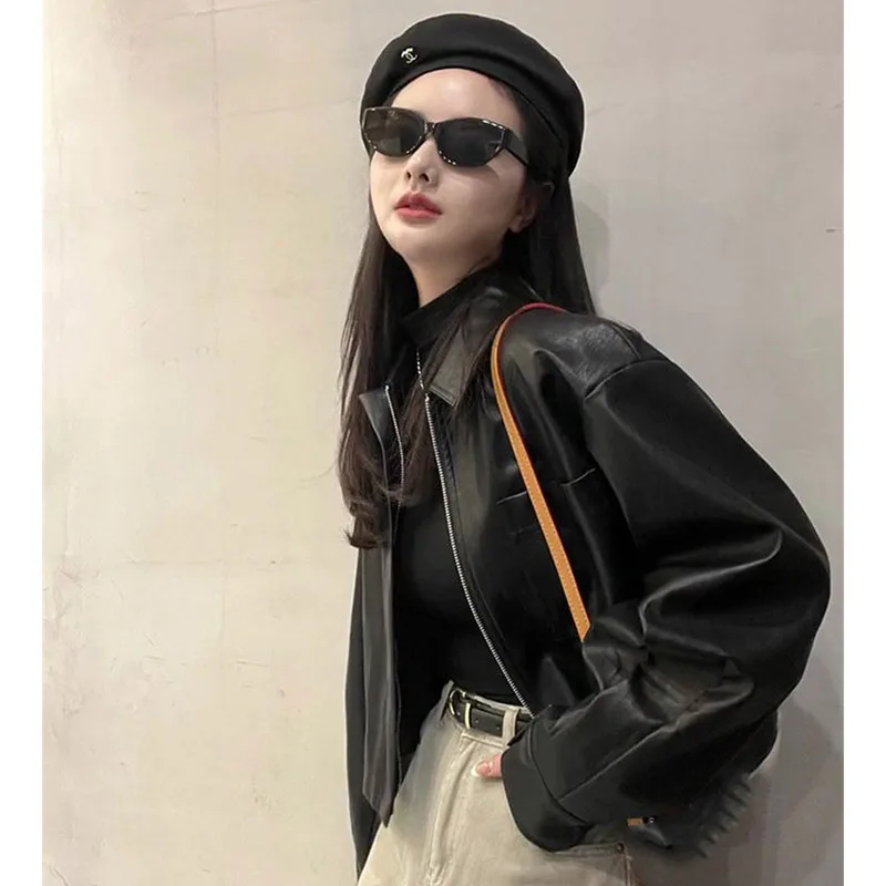 European Female Solid Color Leather Clothing Outwear Ladies Zipper PU Leather Coat Autumn Winter Women Short Faux Leather Jacket