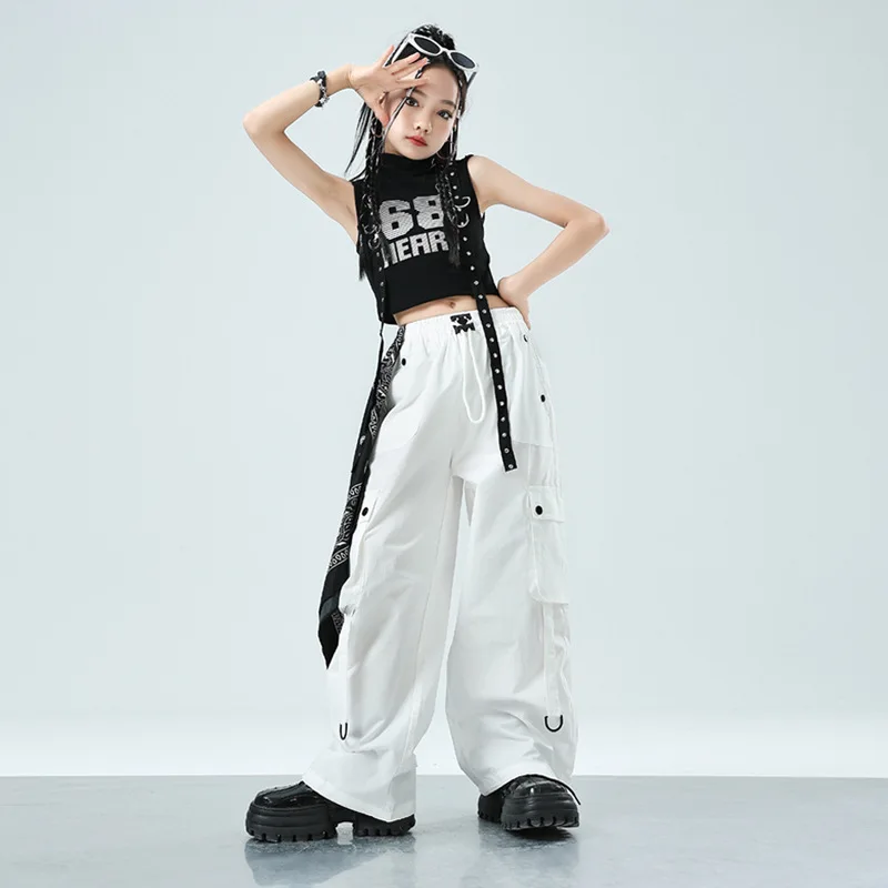 女の子ジャズダンスステージ衣装女の子 Kpop ヒップヒップダンス服ストリートダンスの摩耗キッズファッション Clohtes 黒トップスシャッフルパンツ