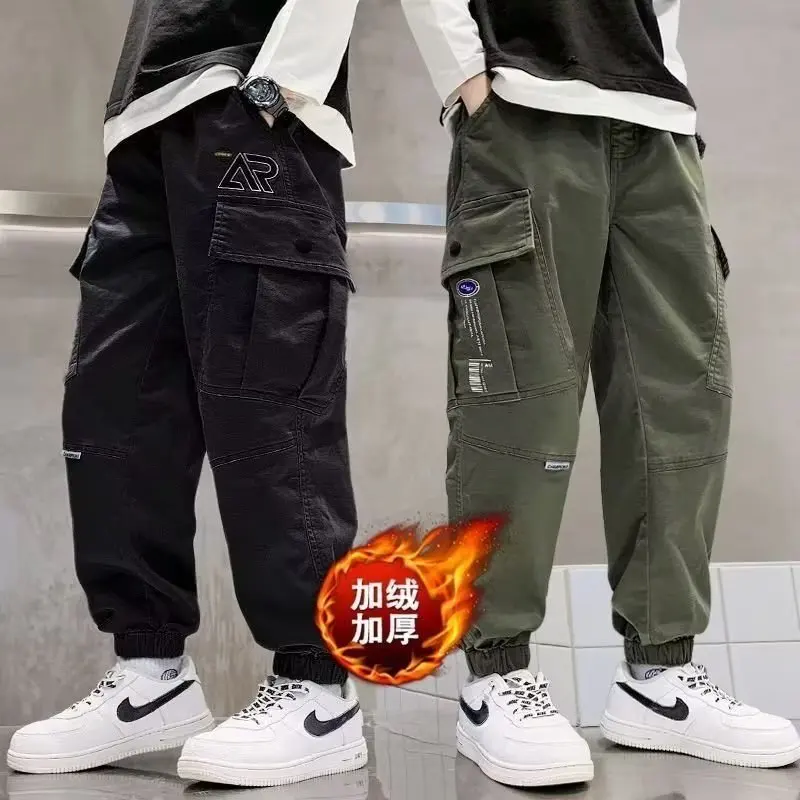 2024 New Children Big Pocket Fleece Long Pants for Kids Boy Casual Fitness Pants Fashion Loose Jogger Trousers for Autumn Winter