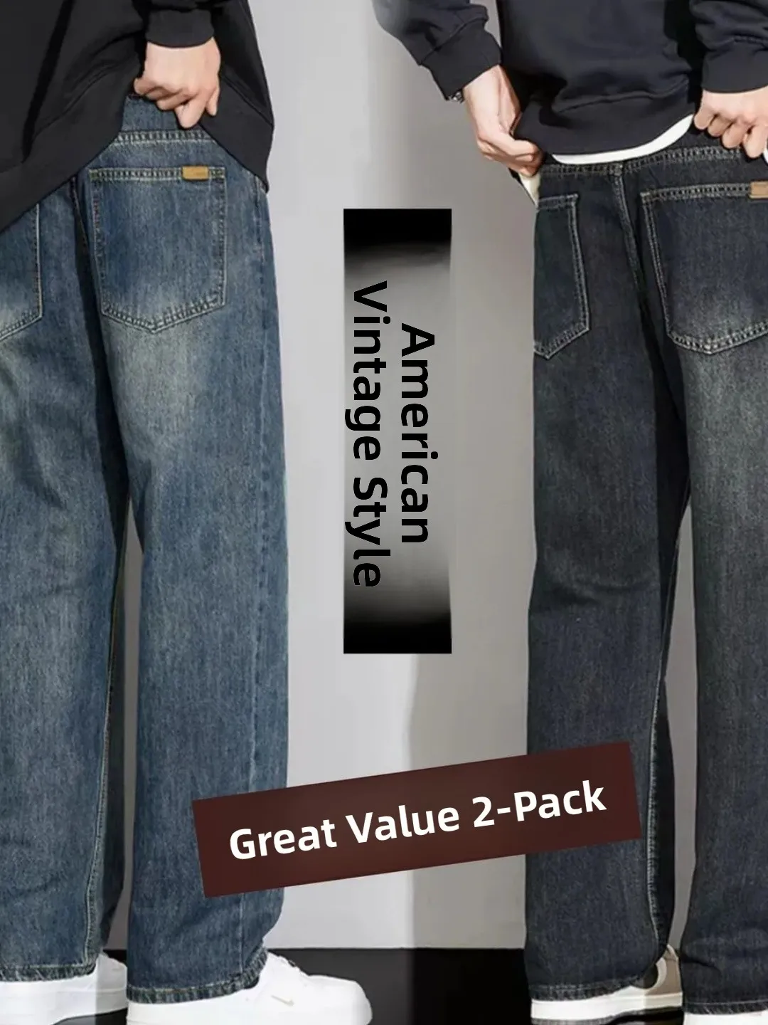 

Retro American Elastic Denim Jeans Men's Spring Autumn Loose Casual Pants Wide Leg Straight Long Trousers for Young Men