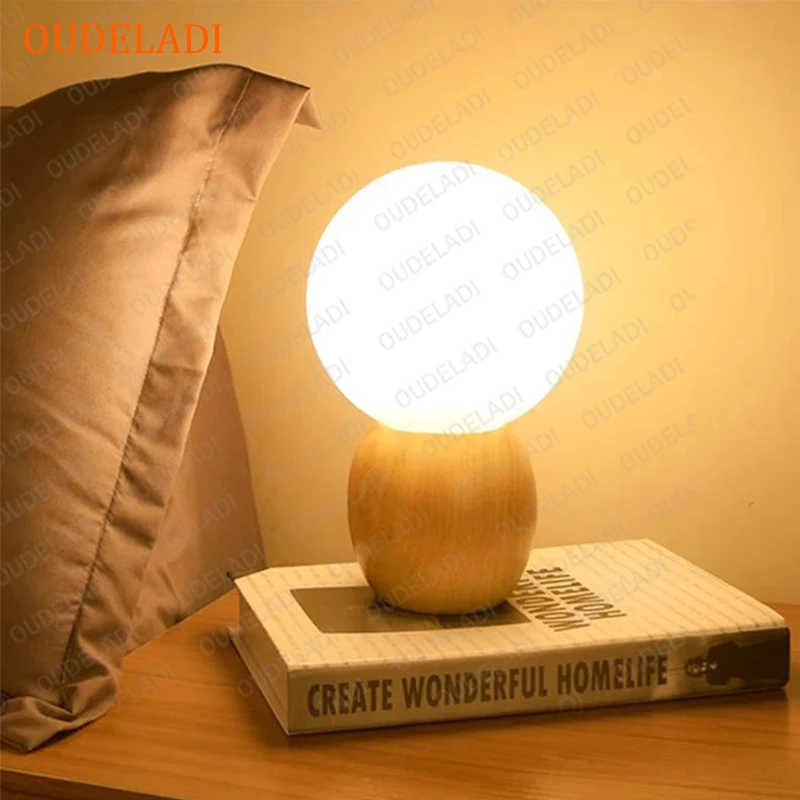 Warm Bedroom Wood table lamp Glass lampshade night light G4 LED Bulb AC85-265V bedside lamp button switch EU plug