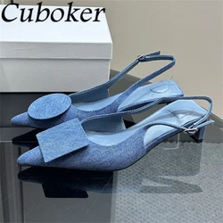 2024 Summer New Pointy Toe Denim Mid Heel Sandals Women Square Circle Decor Slingbacks Shoes Fashion Party Dress Shoes Femininas