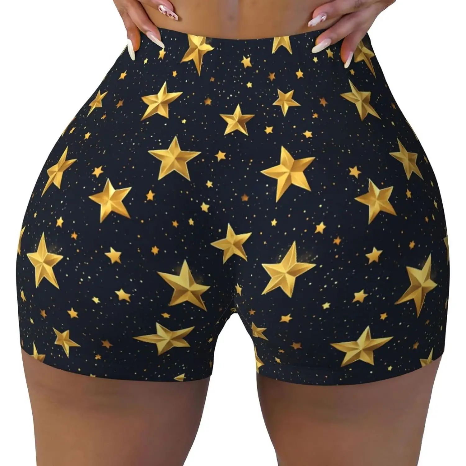 شورت نسائي بدون خياطة للتمرين بطباعة نجوم ذهبية لامعة لراكبي الدراجات النارية واليوجا والجري والصالة الرياضية من الألياف اللدنة للنساء #1